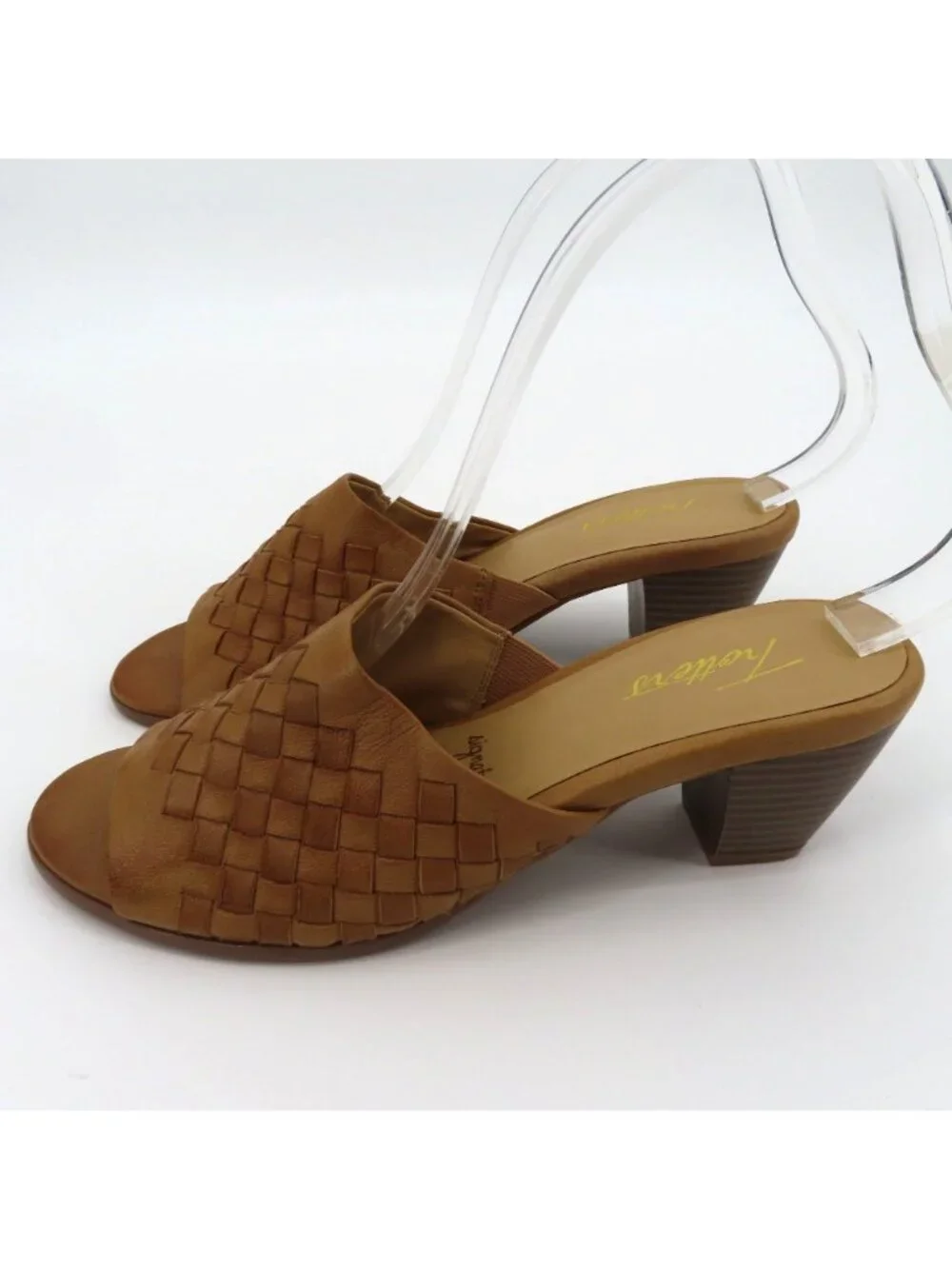 Trotters Women 7 N Brown Leather Basketweave Woven Slide Heels Sandals Shoes